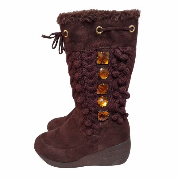 JOAN BOYCE Brown Sweater Knit Wedge Heeled Boots Platform w/ Gems Size 8 - Picture 5 of 14